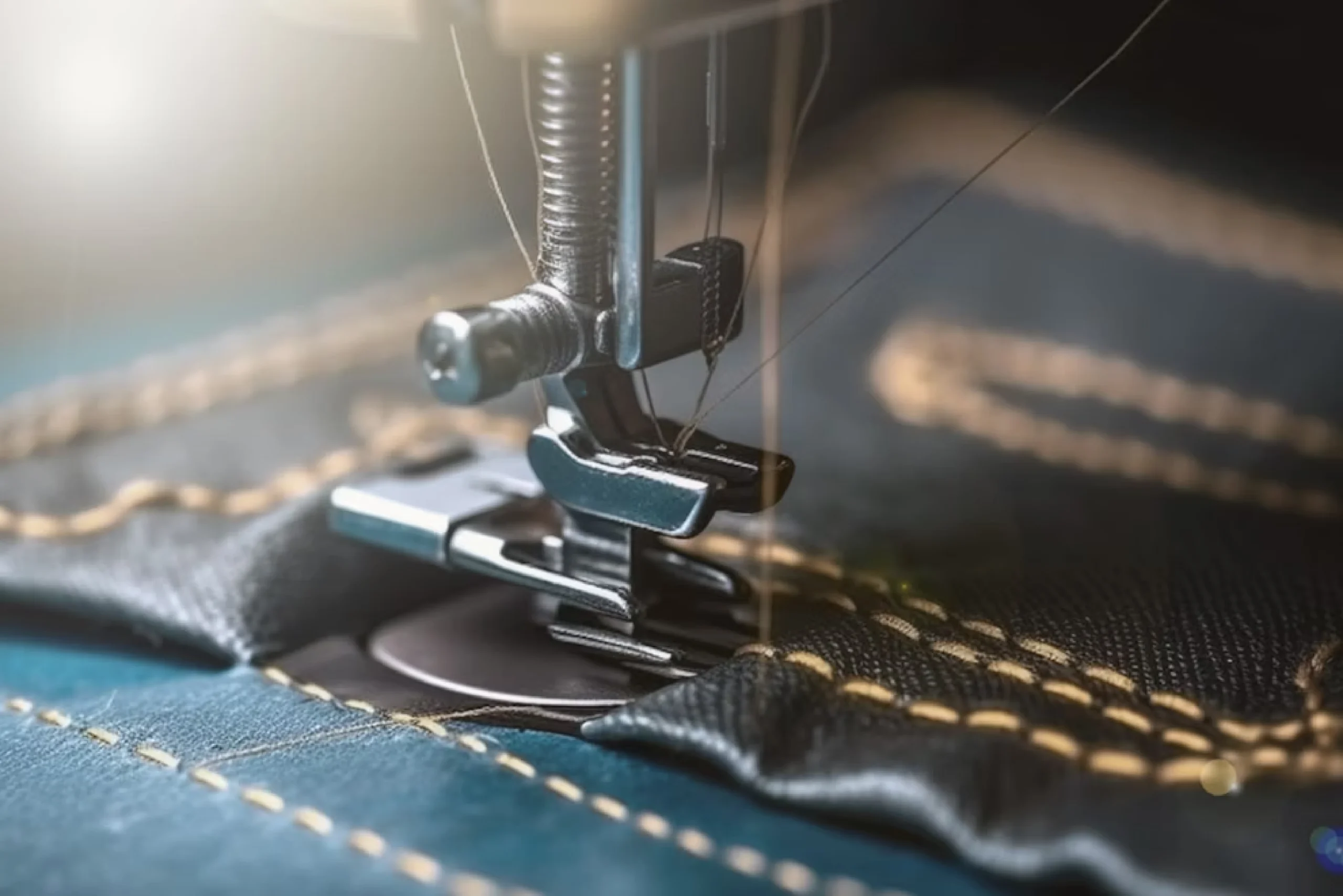 Nahaufnahme Nähmaschine die Jeans näht